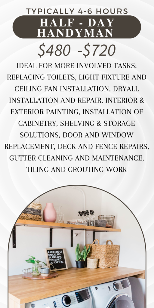 hartford county handyman price list: Ideal for more involved tasks: Replacing toilets, light fixture and ceiling fan installation, dryall installation and repair, interior & exterior painting, installation of cabinetry, shelving & storage solutions, door and window replacement, deck and fence repairs, gutter cleaning and maintenance, tiling and grouting work