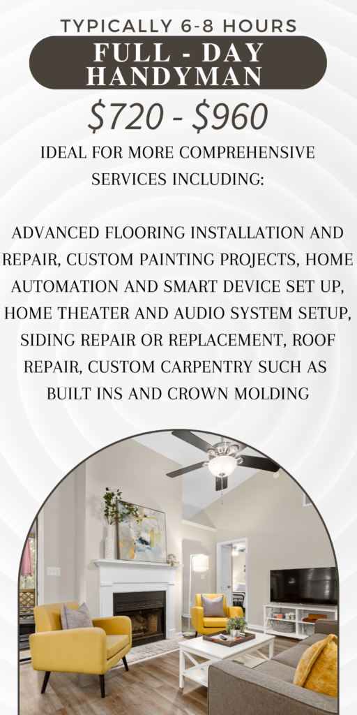 hartford CT handyman packages price list: Ideal for more comprehensive services including: advanced flooring installation and repair, custom painting projects, home automation and smart device set up, home theater and audio system setup, siding repair or replacement, roof repair, custom carpentry such as built ins and crown molding