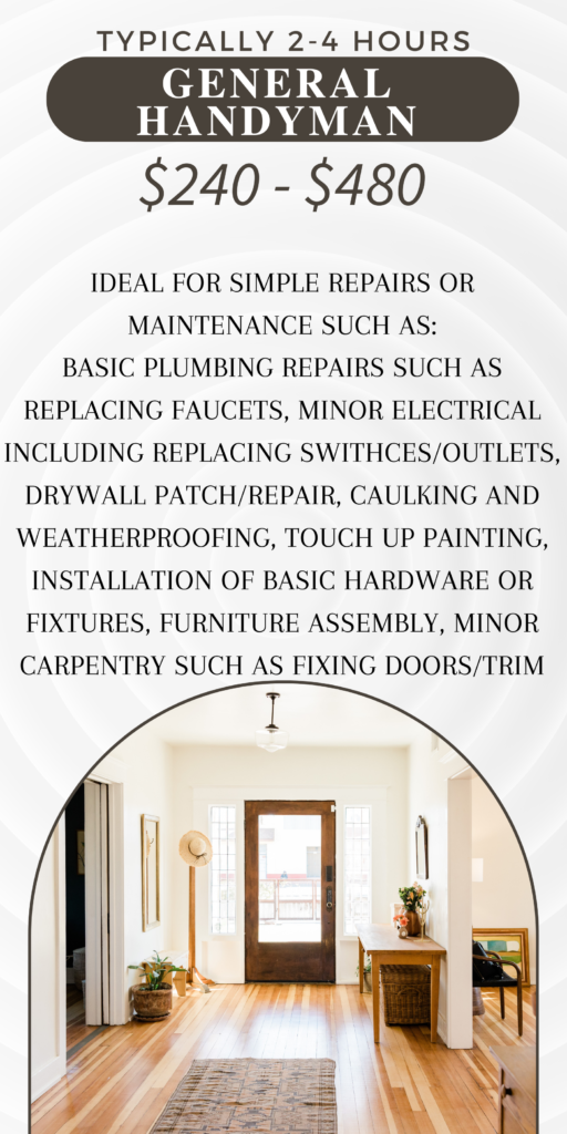 hartford county handyman price list: Ideal for simple repairs or maintenance such as: basic plumbing repairs such as replacing faucets, minor electrical including replacing swithces/outlets, drywall patch/repair, caulking and weatherproofing, touch up painting, installation of basic hardware or fixtures, furniture assembly, minor carpentry such as fixing doors/trim